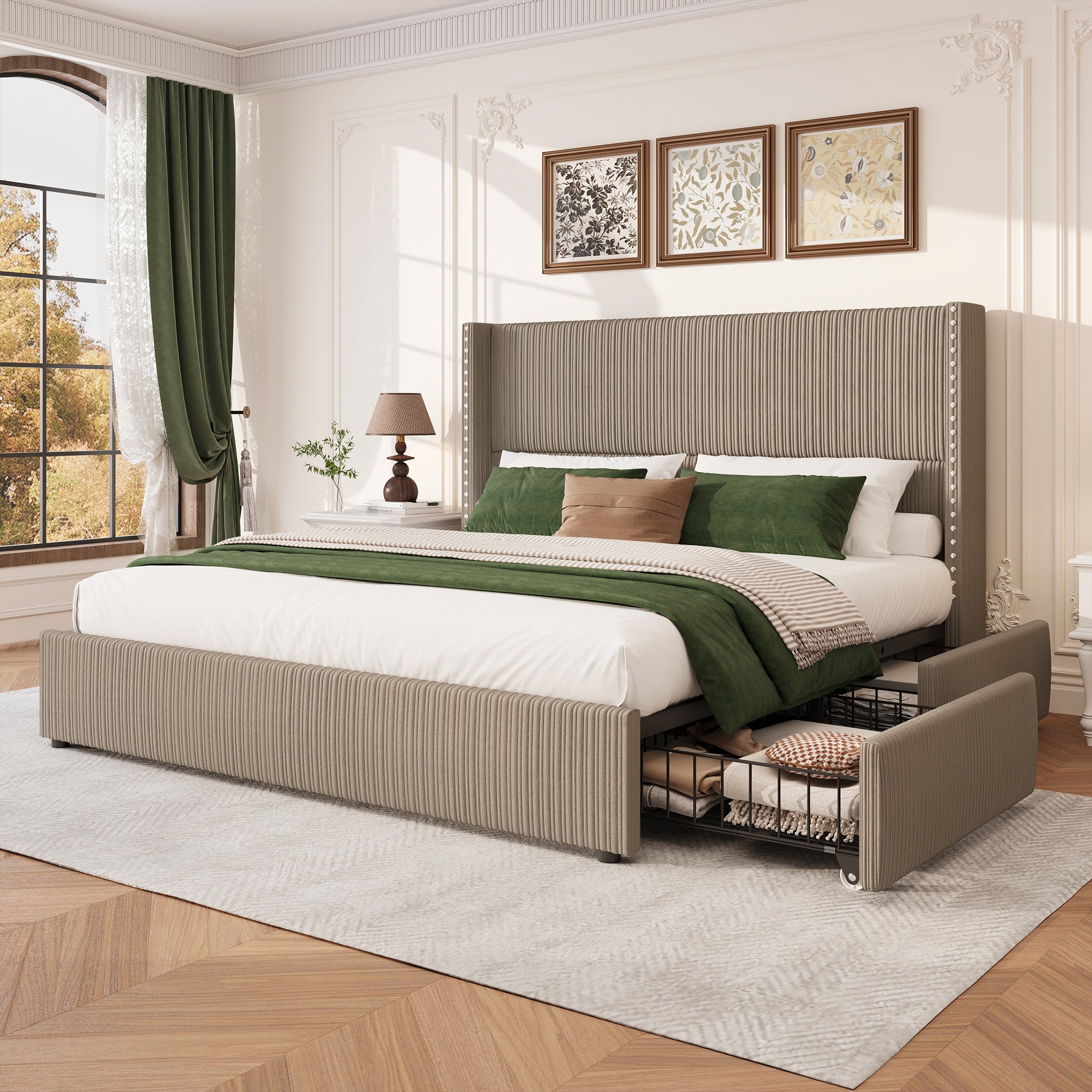 Elysia Corduroy Bed Frame | Channel Tufted Upholstered Platform Bed | Queen & King - Image 18