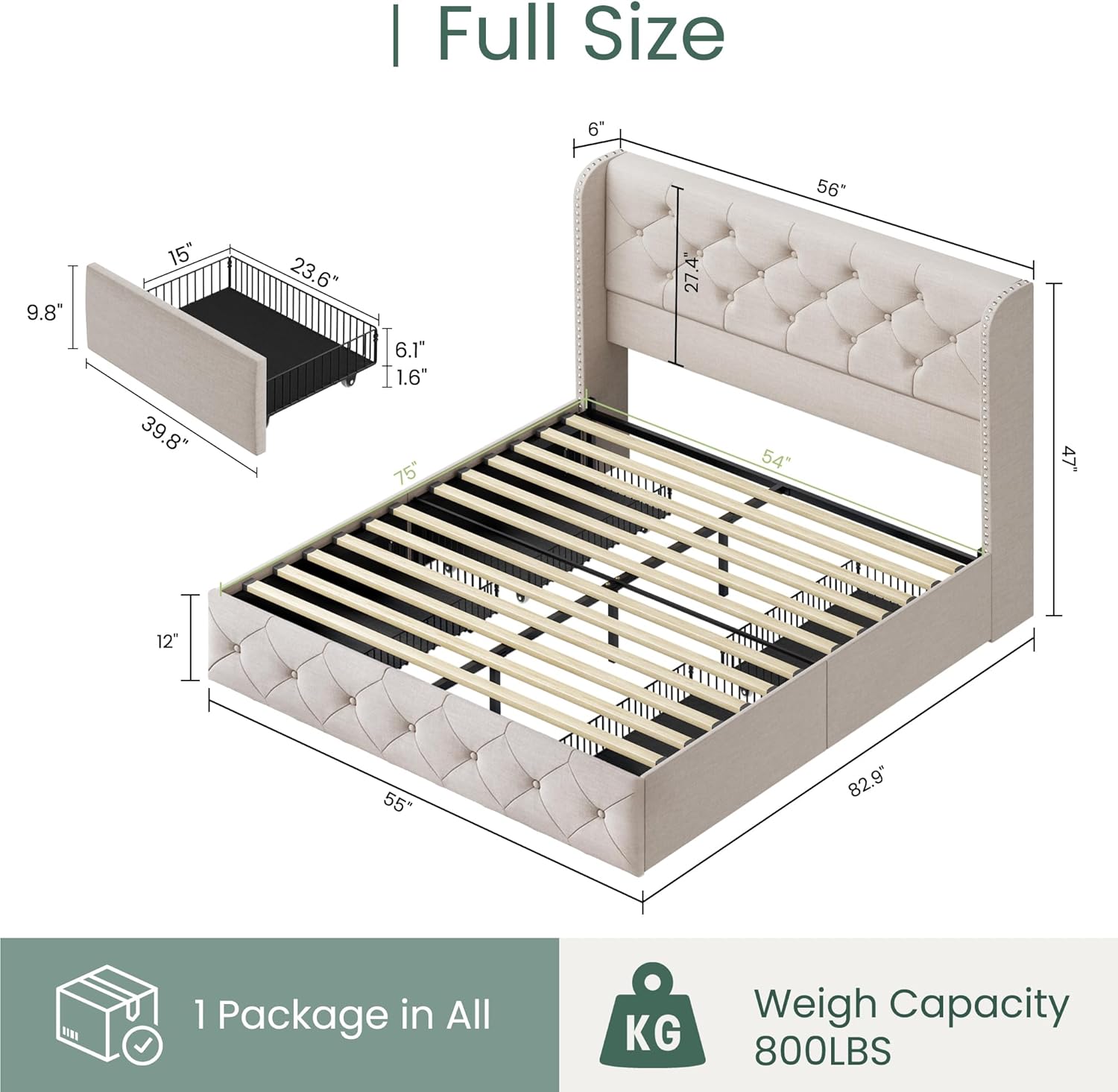 Korall Linen Storage Bed Frame | High Headboard & Storage Drawers | Queen & King - Image 4