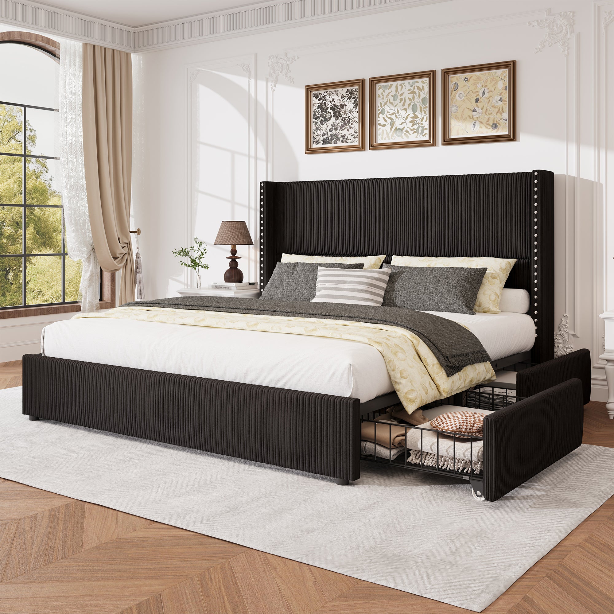Elysia Corduroy Bed Frame | Channel Tufted Upholstered Platform Bed | Queen & King - Image 11