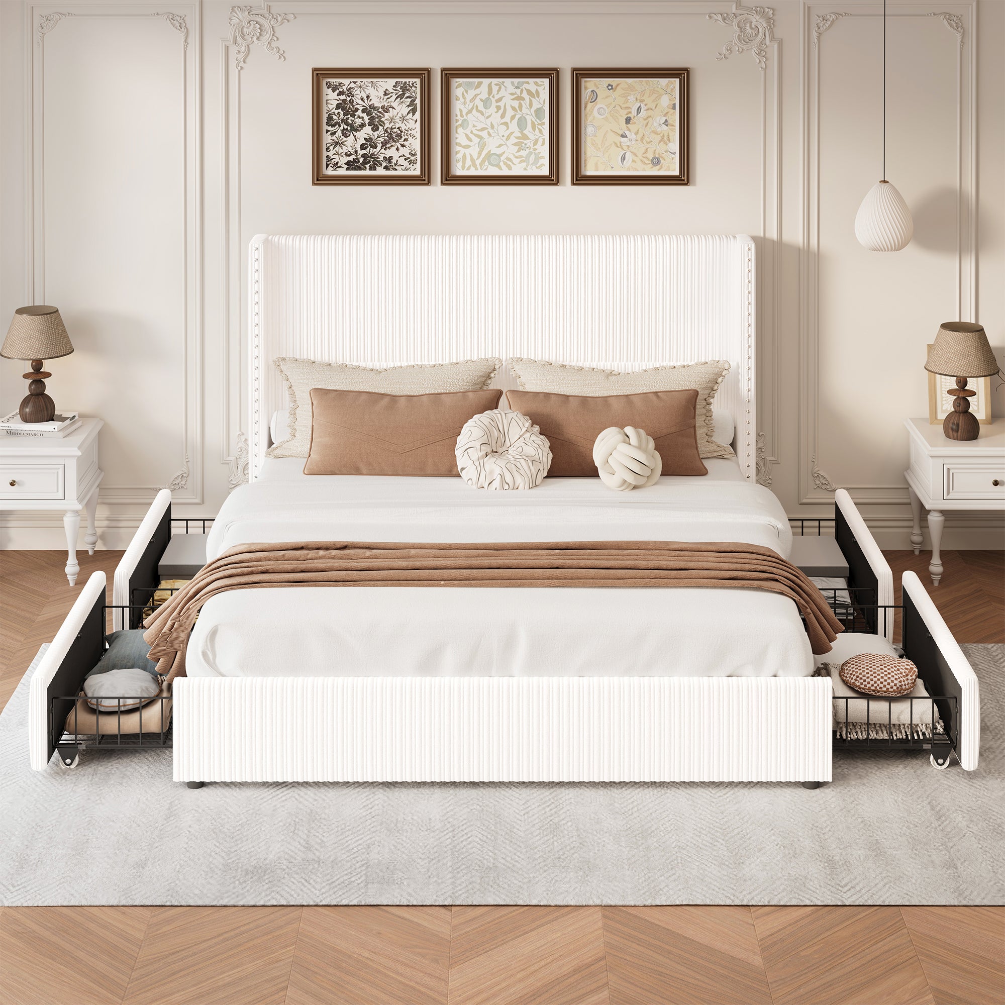 Elysia Corduroy Bed Frame | Channel Tufted Upholstered Platform Bed | Queen & King - Image 7