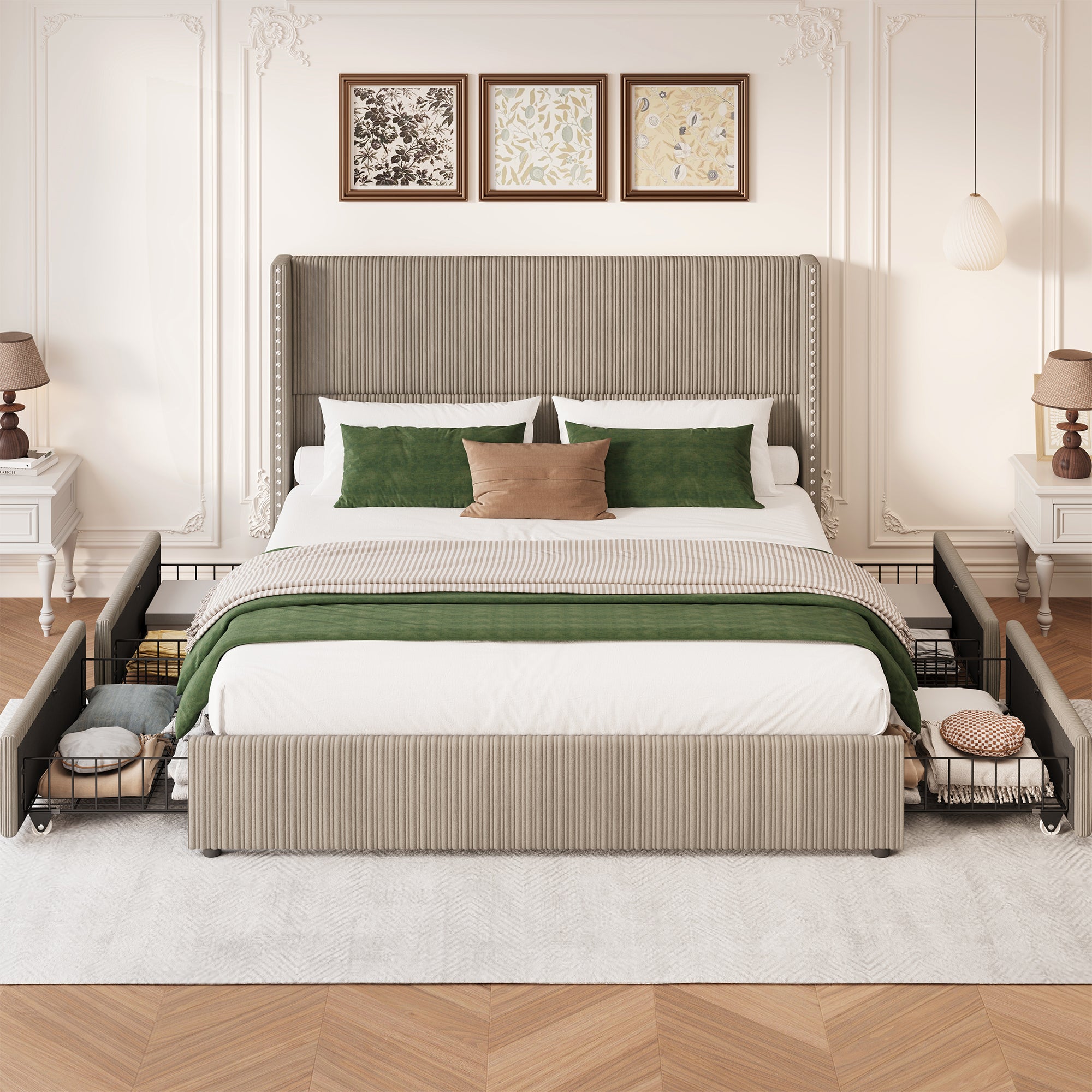Elysia Corduroy Bed Frame | Channel Tufted Upholstered Platform Bed | Queen & King - Image 16