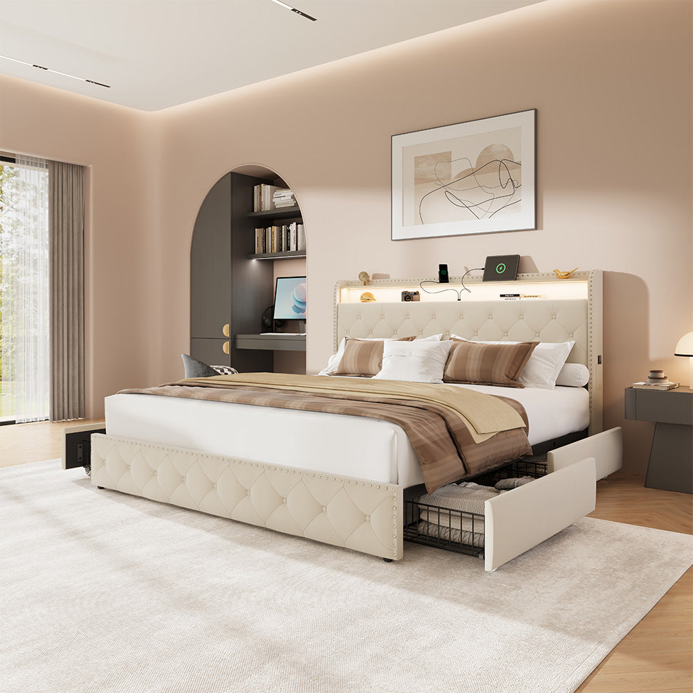 Dexon Velvet Bed Frame | Tufted Wingback Headboard with LED Light & Storage Drawers | Queen & King - Image 9
