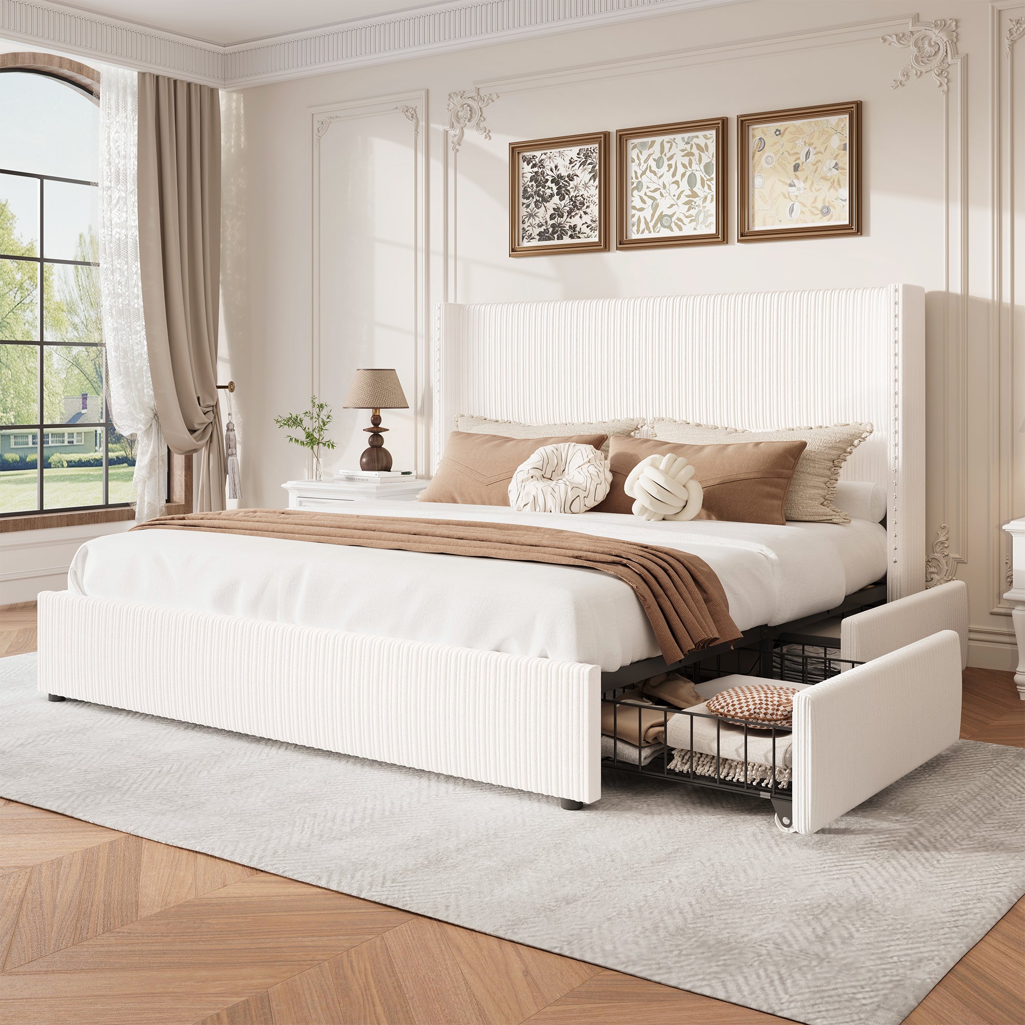 Elysia Corduroy Bed Frame | Channel Tufted Upholstered Platform Bed | Queen & King