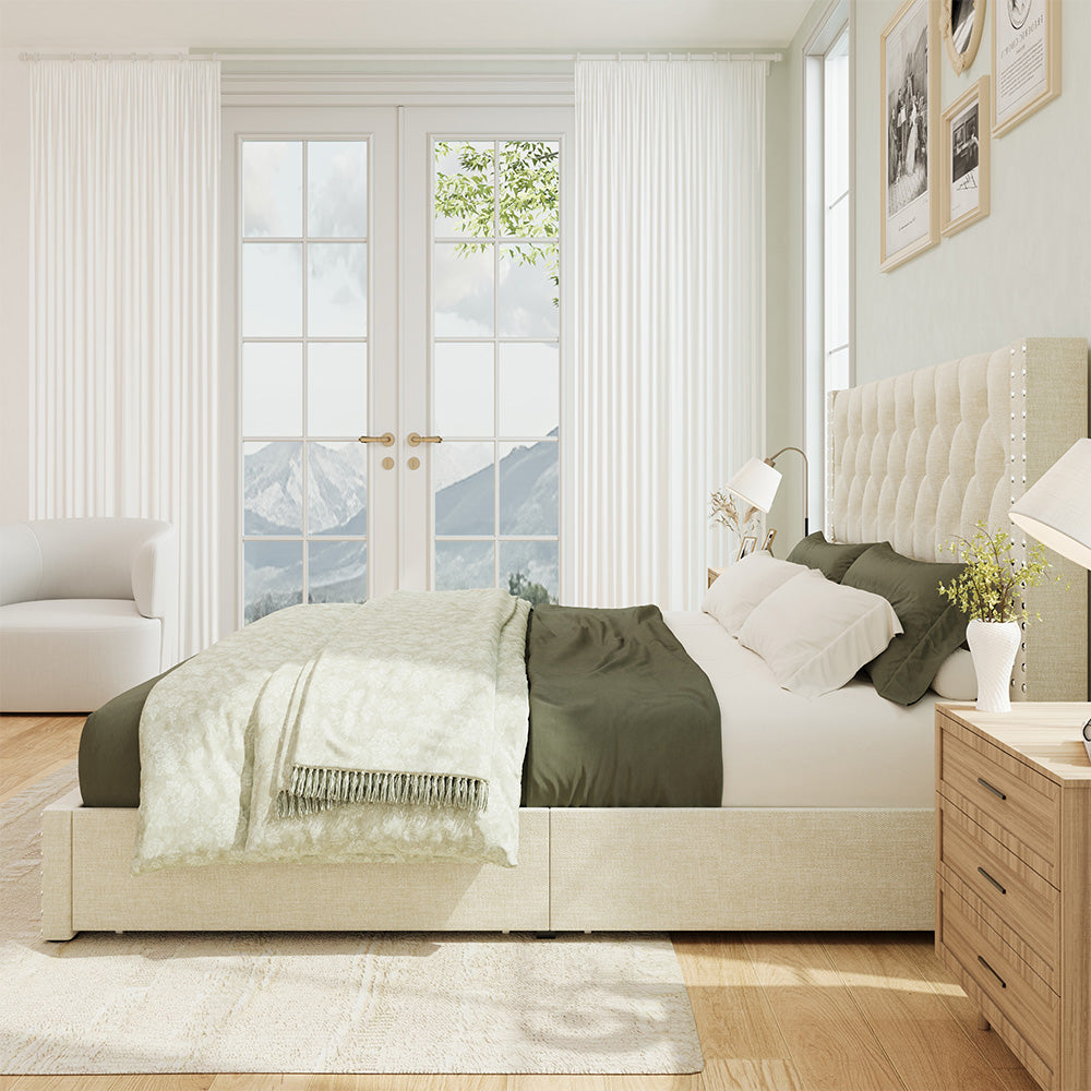 Vella Linen Bed Frame with Storage Drawers | Upholstered Platform Bed | Queen & King - Image 6