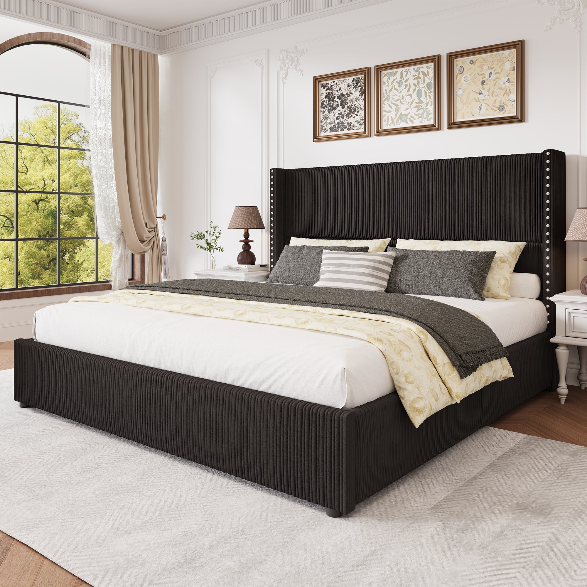 Elysia Corduroy Bed Frame | Channel Tufted Upholstered Platform Bed | Queen & King - Image 17