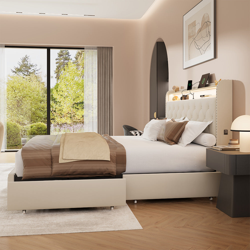 Dexon Velvet Bed Frame | Tufted Wingback Headboard with LED Light & Storage Drawers | Queen & King - Image 10