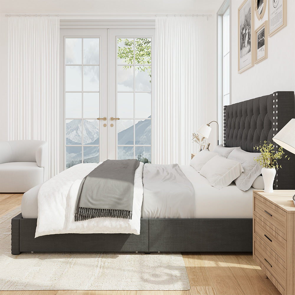Vella Linen Bed Frame with Storage Drawers | Upholstered Platform Bed | Queen & King - Image 11