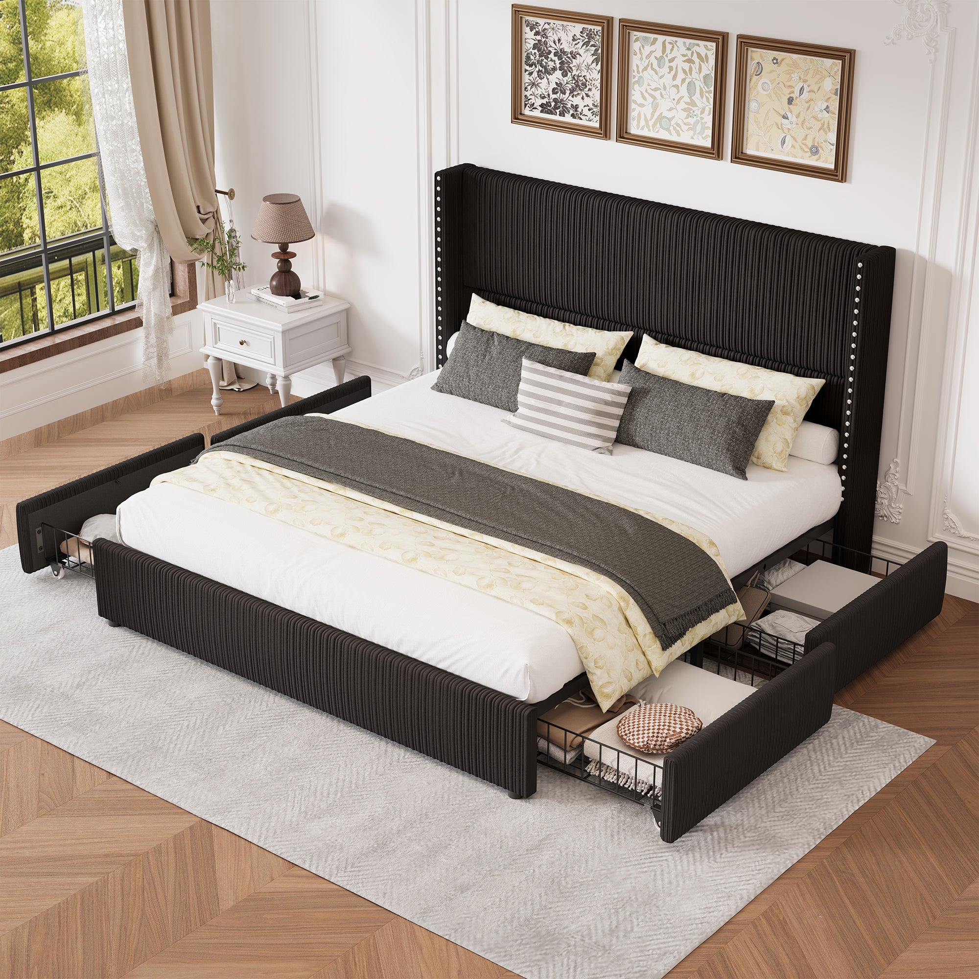 Elysia Corduroy Bed Frame | Channel Tufted Upholstered Platform Bed | Queen & King - Image 12