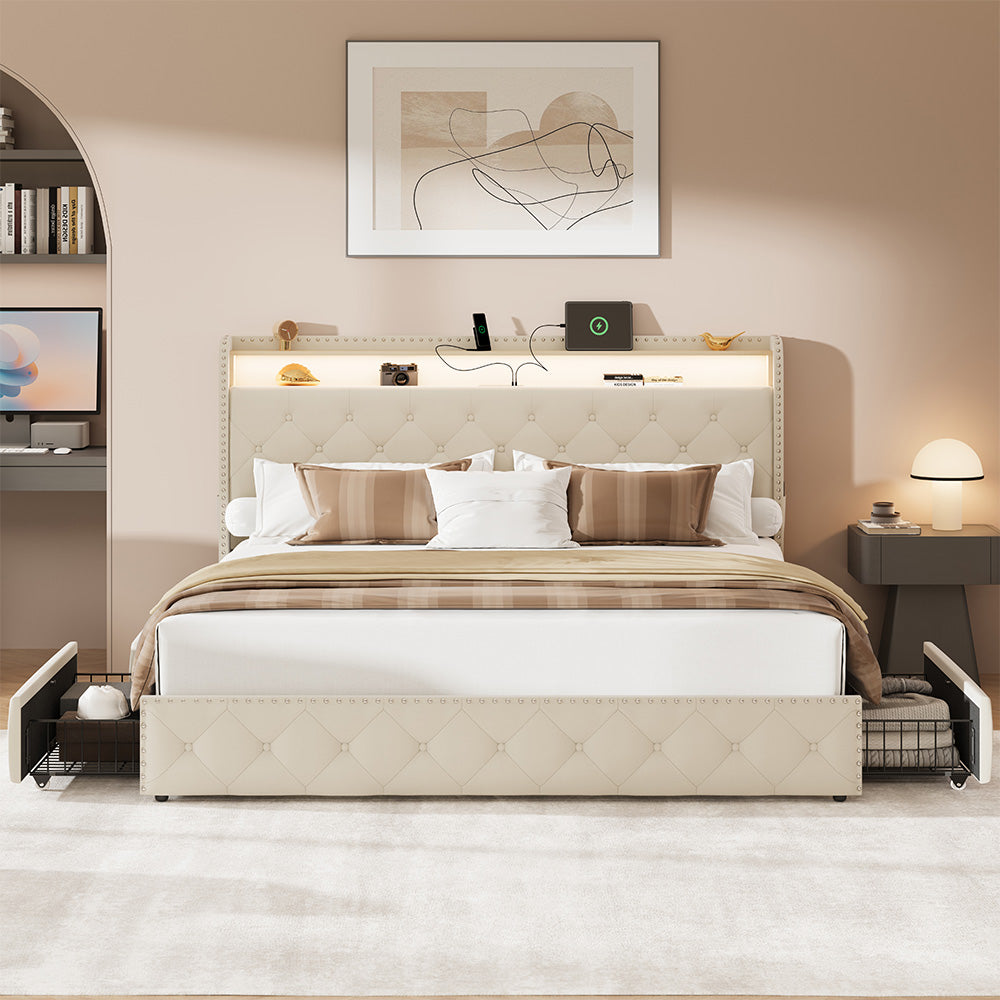 Dexon Velvet Bed Frame | Tufted Wingback Headboard with LED Light & Storage Drawers | Queen & King - Image 11