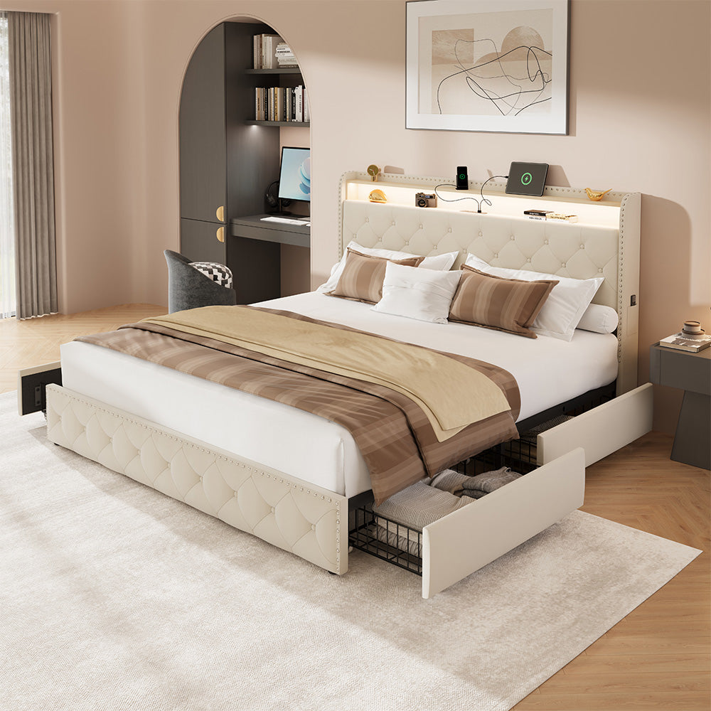 Dexon Velvet Bed Frame | Tufted Wingback Headboard with LED Light & Storage Drawers | Queen & King - Image 12