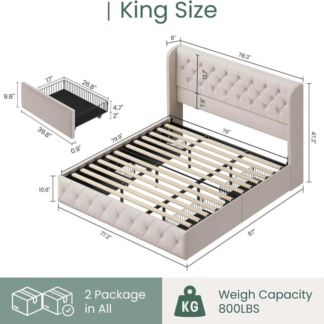 Korall Linen Storage Bed Frame | High Headboard & Storage Drawers | Queen & King - Image 6