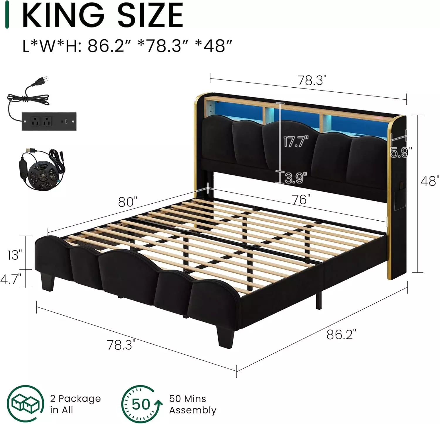 Melora Arch Velvet Bed Frame | LED Headboard Shelf & Charging Station | Queen & King - Image 4