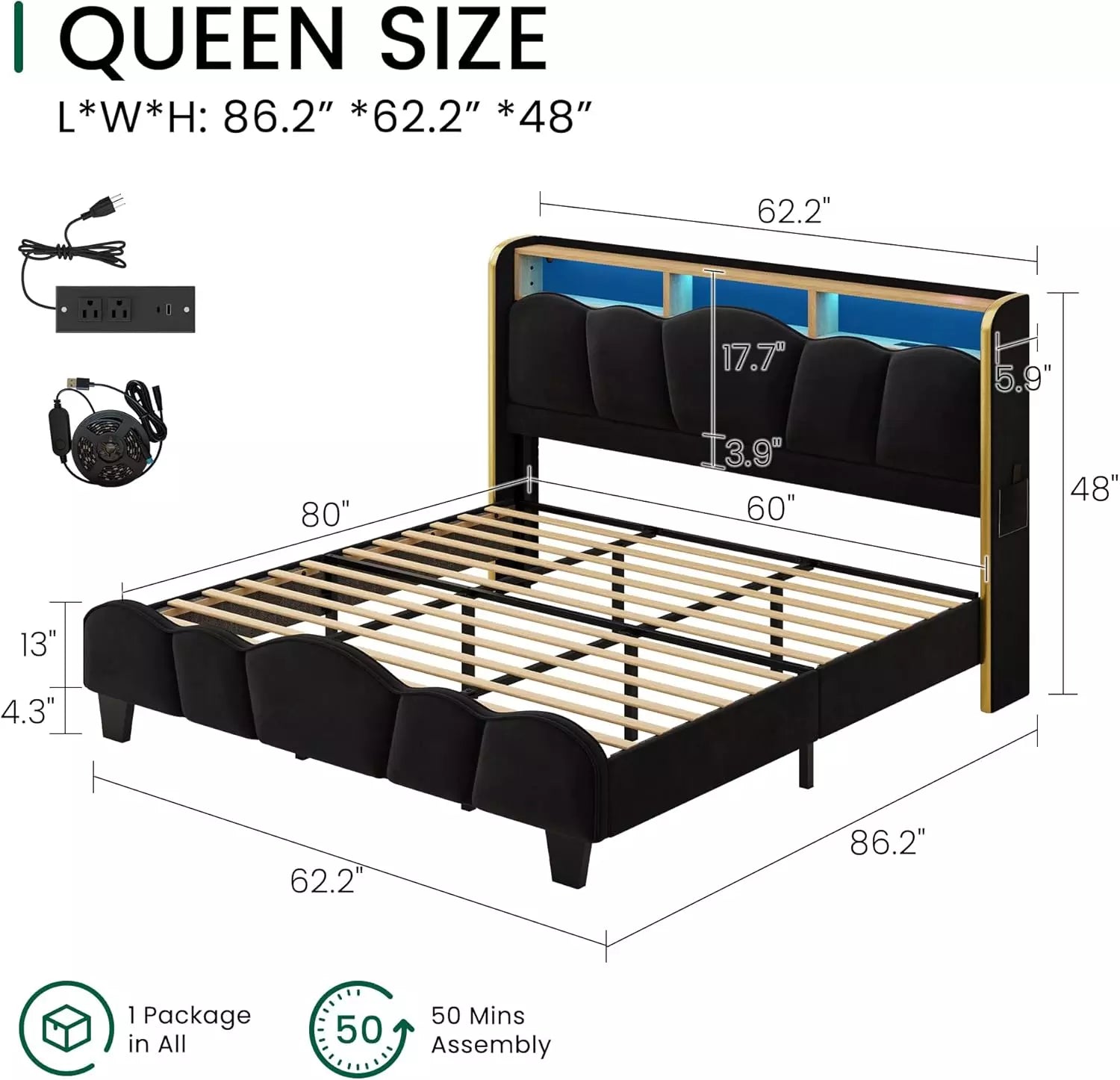 Melora Arch Velvet Bed Frame | LED Headboard Shelf & Charging Station | Queen & King - Image 3