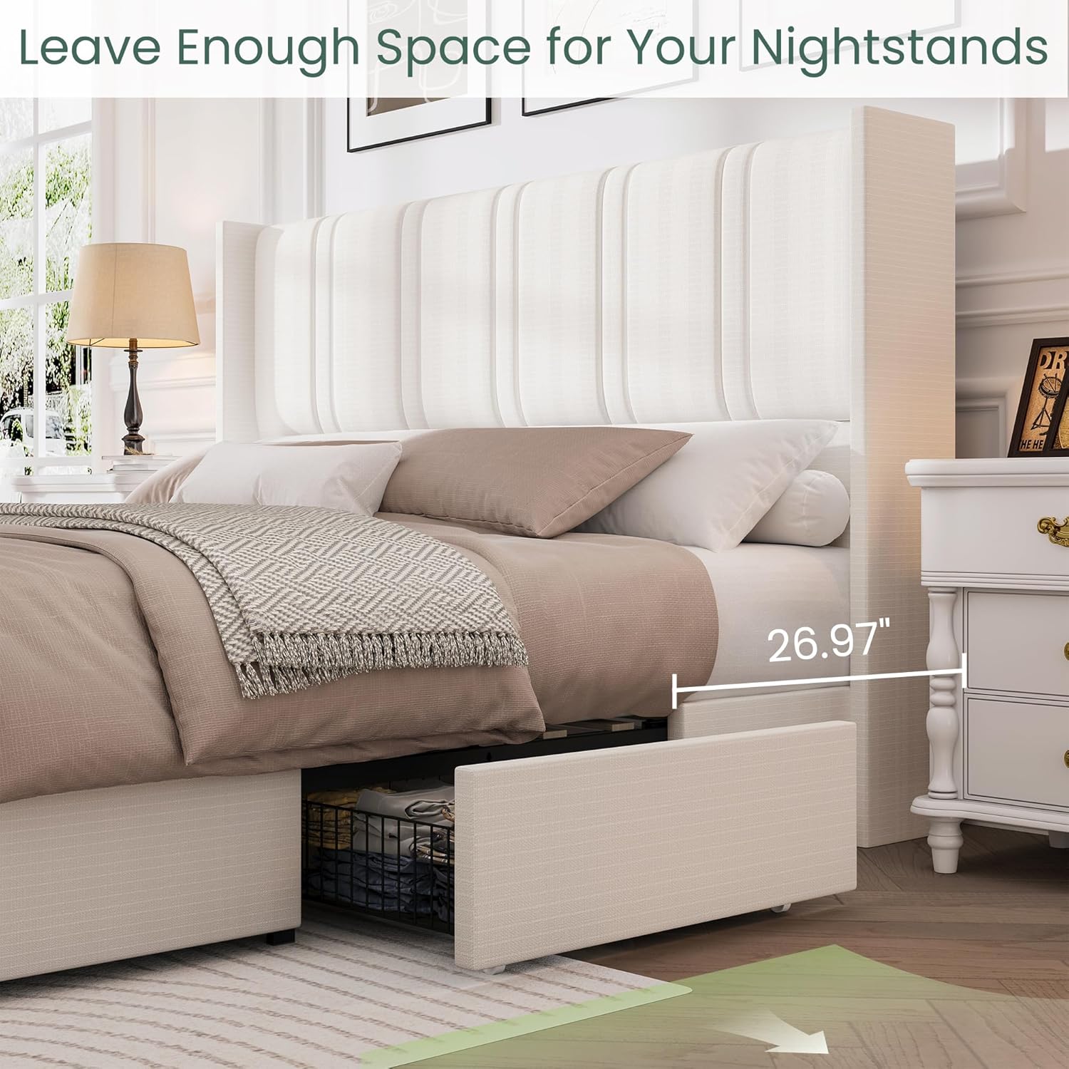 Modro Linen Bed Frame with Storage Drawers | Wingback Headboard | Queen & King - Image 9