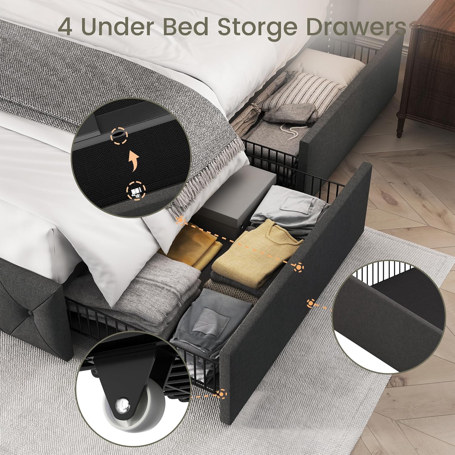 Korall Linen Storage Bed Frame | High Headboard & Storage Drawers | Queen & King - Image 14