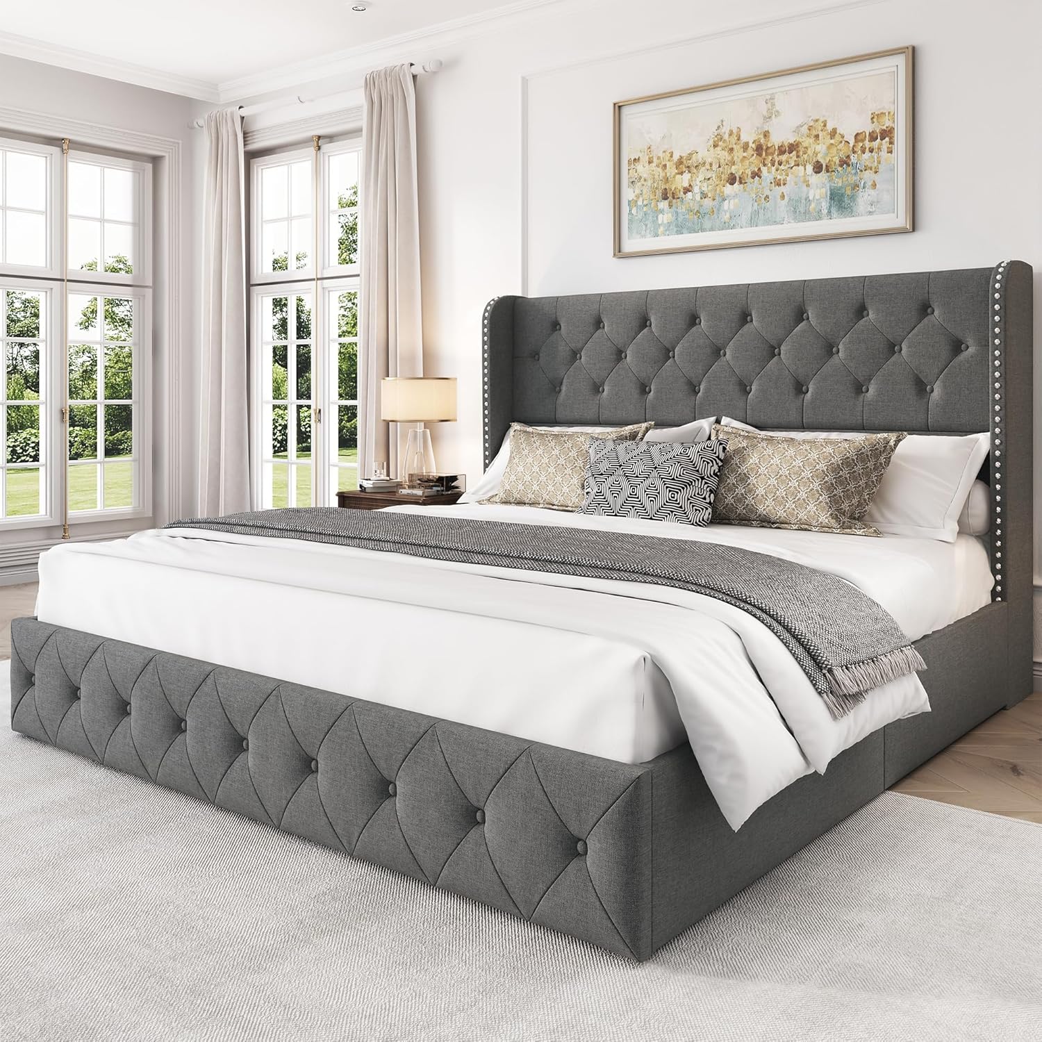 Korall Linen Storage Bed Frame | High Headboard & Storage Drawers | Queen & King - Image 11