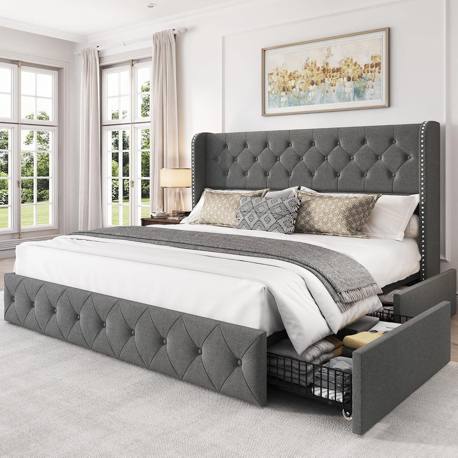 Korall Linen Storage Bed Frame | High Headboard & Storage Drawers | Queen & King - Image 8