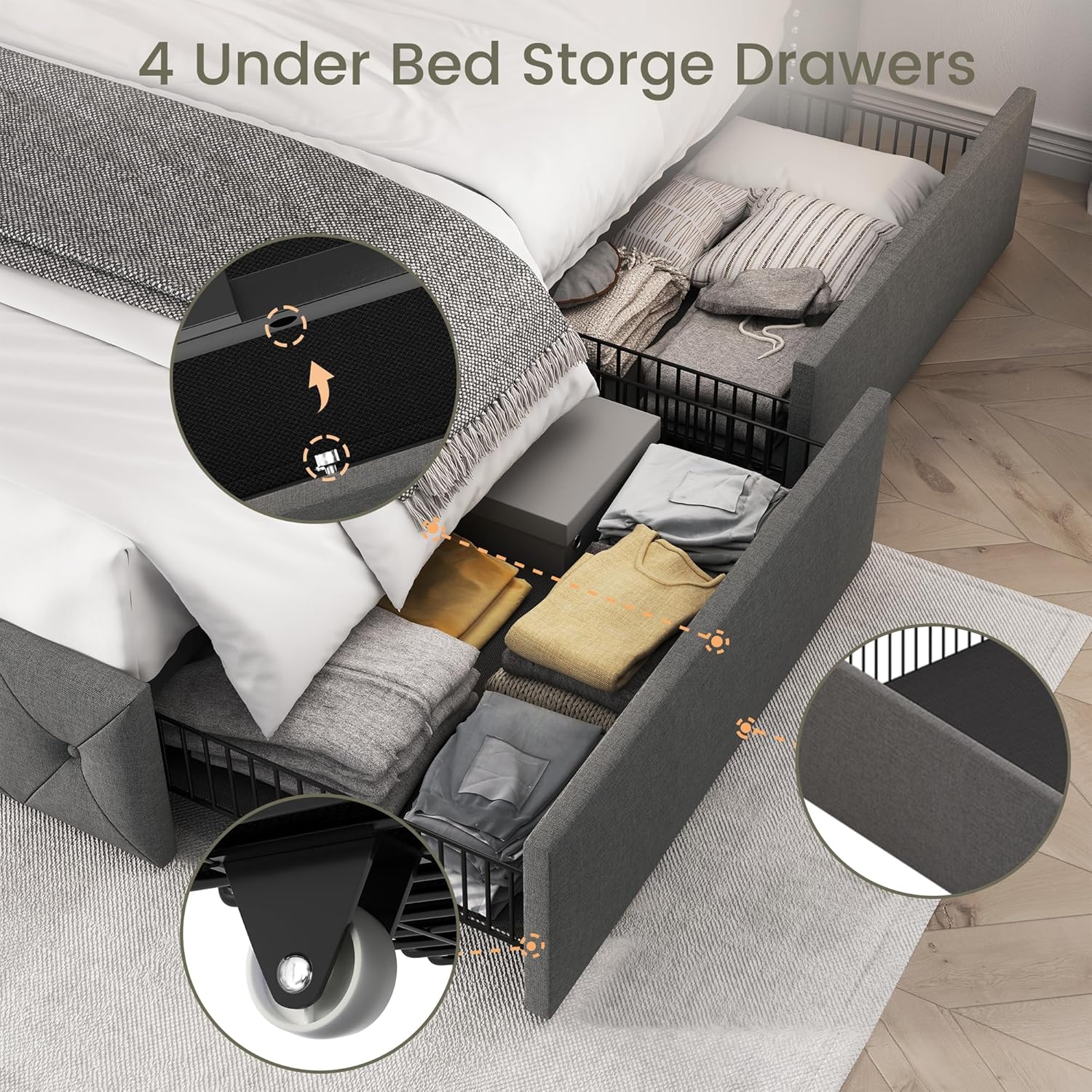 Korall Linen Storage Bed Frame | High Headboard & Storage Drawers | Queen & King - Image 10