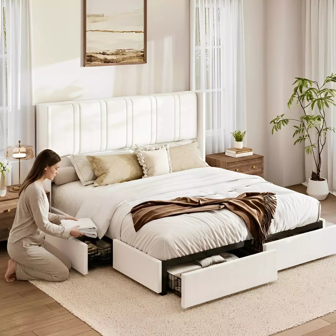 Modro Linen Bed Frame with Storage Drawers | Wingback Headboard | Queen & King - Image 5