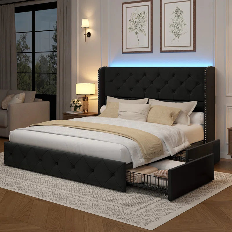 Korav Velvet Bed Frame with RGB LED Lights & Storage Drawers | Tufted Wingback Headboard | Queen & King - Image 15