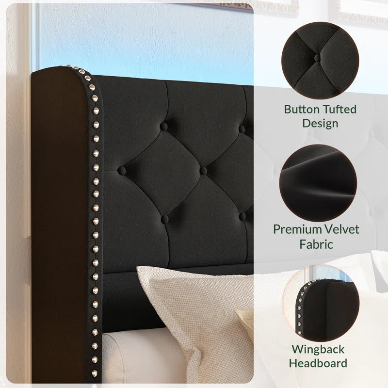 Korav Velvet Bed Frame with RGB LED Lights & Storage Drawers | Tufted Wingback Headboard | Queen & King - Image 17