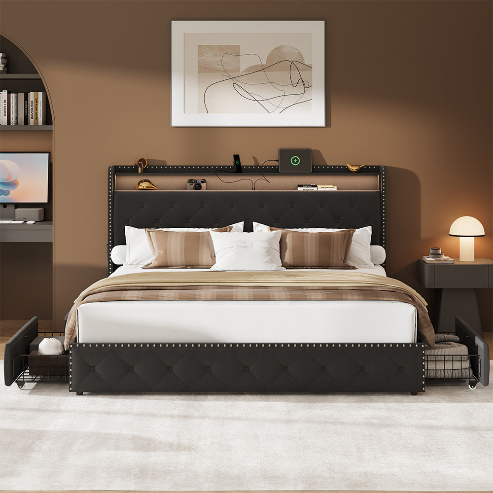Dexon Velvet Bed Frame | Tufted Wingback Headboard with LED Light & Storage Drawers | Queen & King - Image 3