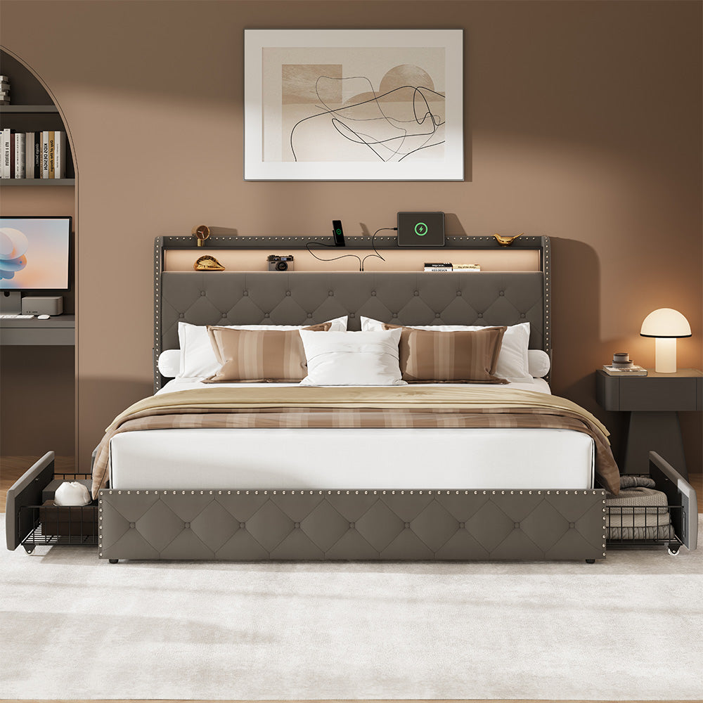 Dexon Velvet Bed Frame | Tufted Wingback Headboard with LED Light & Storage Drawers | Queen & King - Image 7
