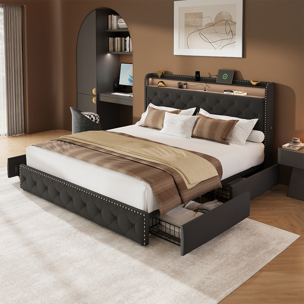 Dexon Velvet Bed Frame | Tufted Wingback Headboard with LED Light & Storage Drawers | Queen & King - Image 4