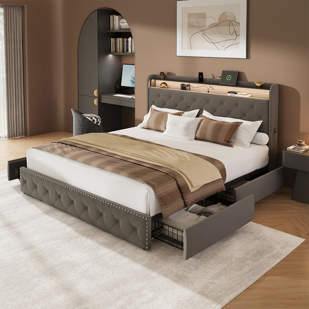 Dexon Velvet Bed Frame | Tufted Wingback Headboard with LED Light & Storage Drawers | Queen & King - Image 8