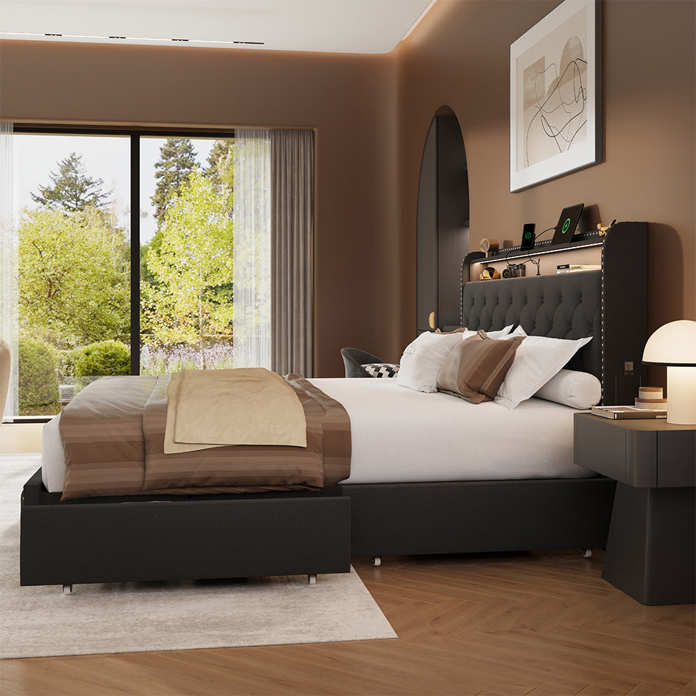 Dexon Velvet Bed Frame | Tufted Wingback Headboard with LED Light & Storage Drawers | Queen & King - Image 2
