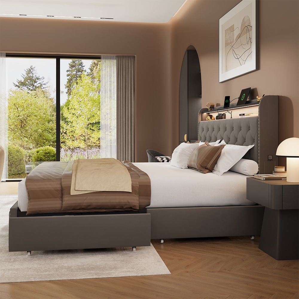 Dexon Velvet Bed Frame | Tufted Wingback Headboard with LED Light & Storage Drawers | Queen & King - Image 6