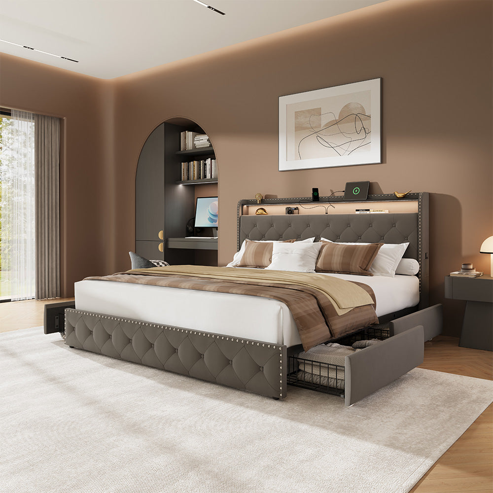 Dexon Velvet Bed Frame | Tufted Wingback Headboard with LED Light & Storage Drawers | Queen & King - Image 5