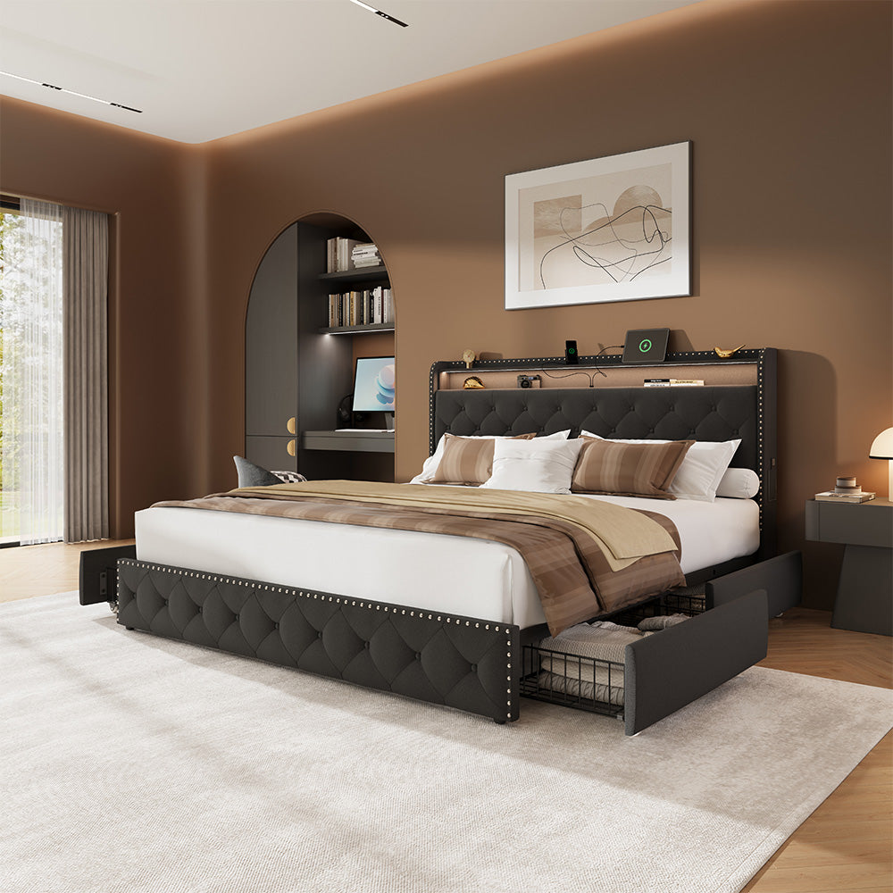 Dexon Velvet Bed Frame | Tufted Wingback Headboard with LED Light & Storage Drawers | Queen & King