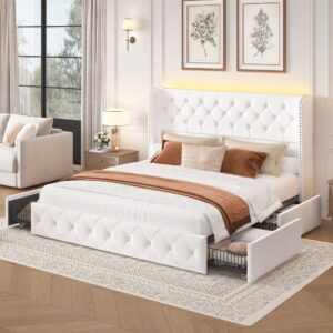 Korav Velvet Bed Frame with RGB LED Lights & Storage Drawers | Tufted Wingback Headboard | Queen & King