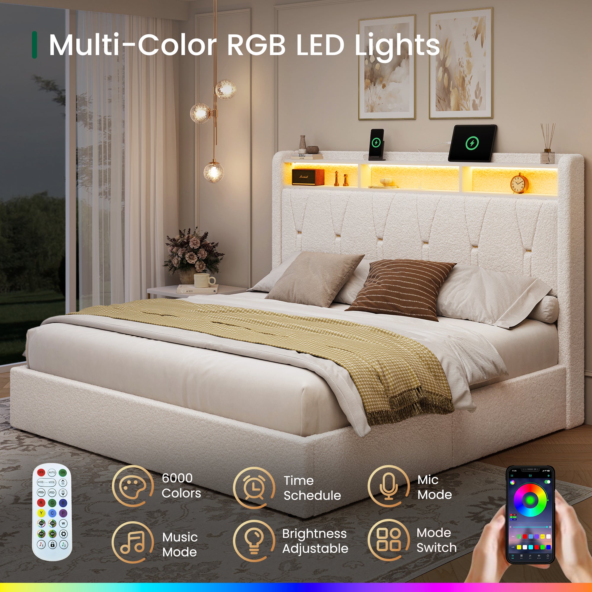 Covae Boucle Storage Bed Frame | LED Bookcase Headboard, 4 Drawers & Charging Station | Queen & King - Image 8