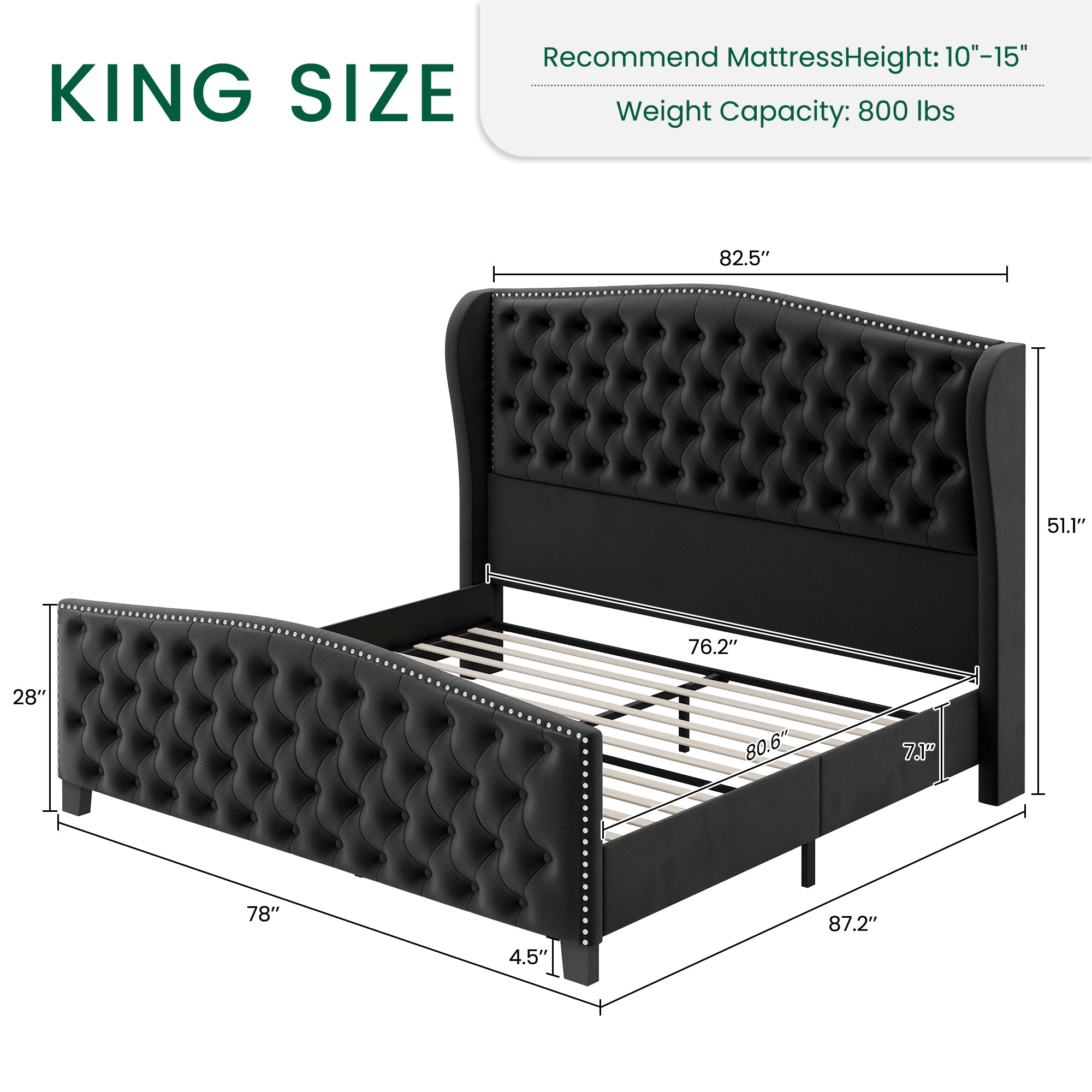 Nadell Velvet Bed Frame with Tall Headboard | Black Upholstered | Queen & King - Image 4