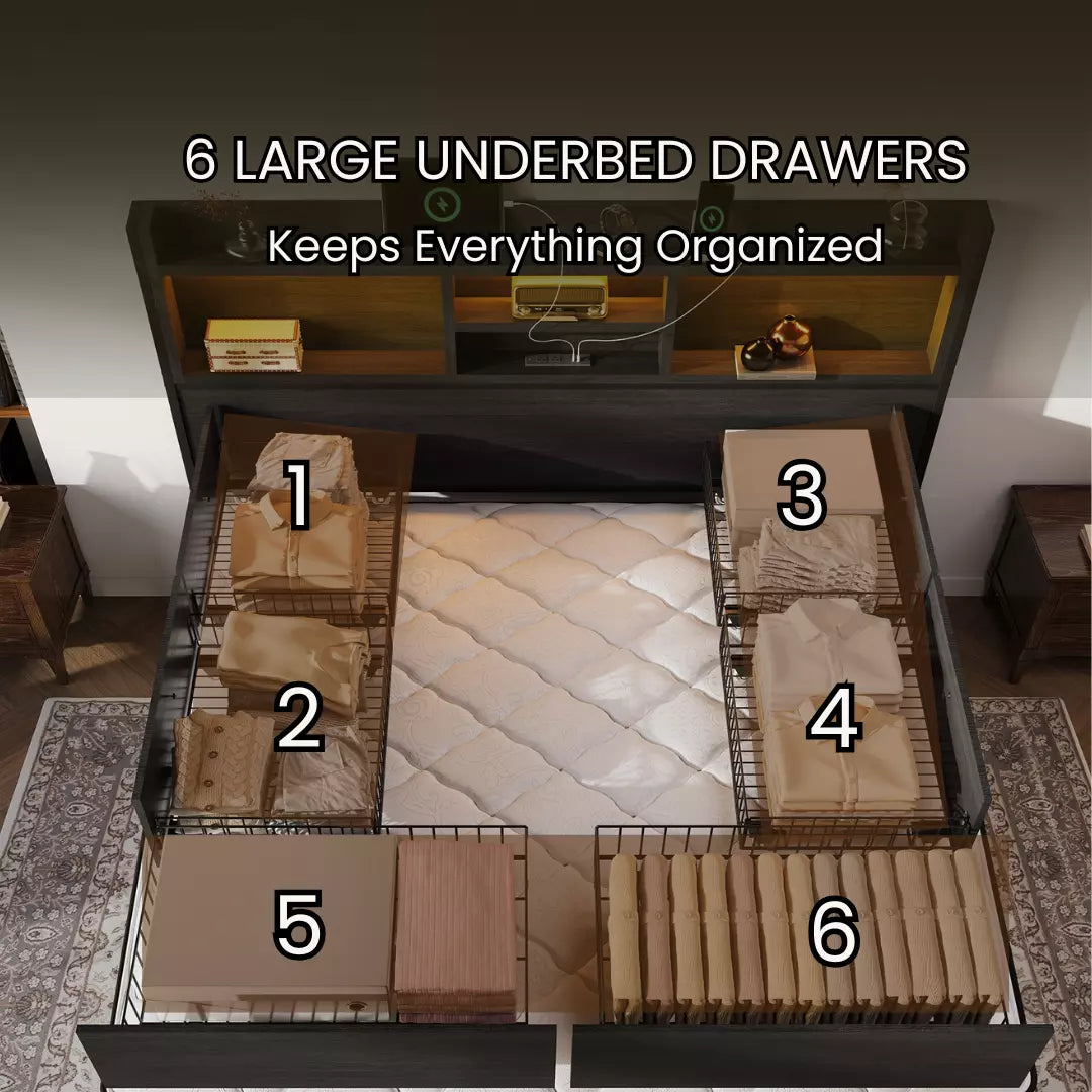 Strato Bookcase Platform Bed Frame | Storage Drawers & Charging Station | Queen & King - Image 4