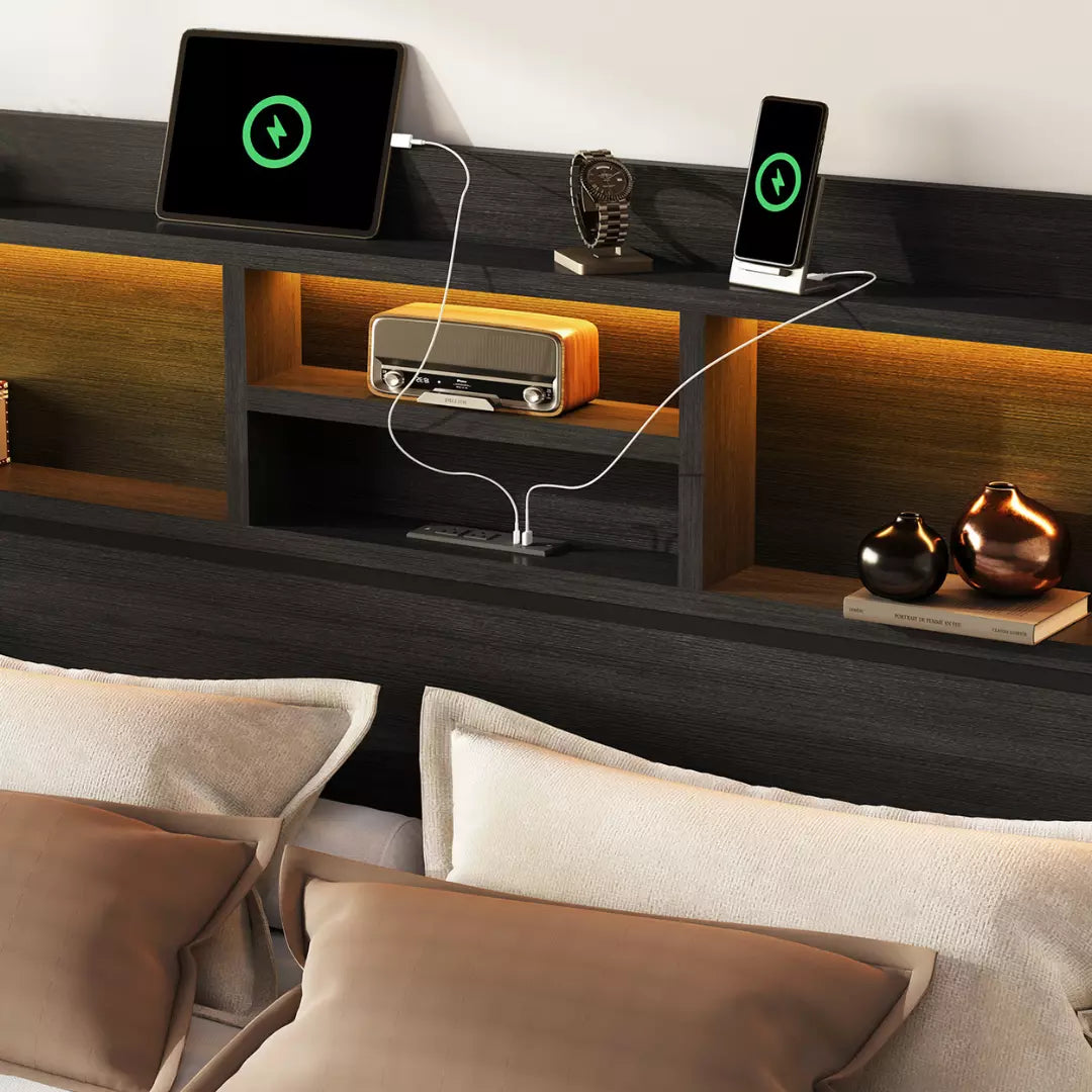Strato Bookcase Platform Bed Frame | Storage Drawers & Charging Station | Queen & King - Image 3