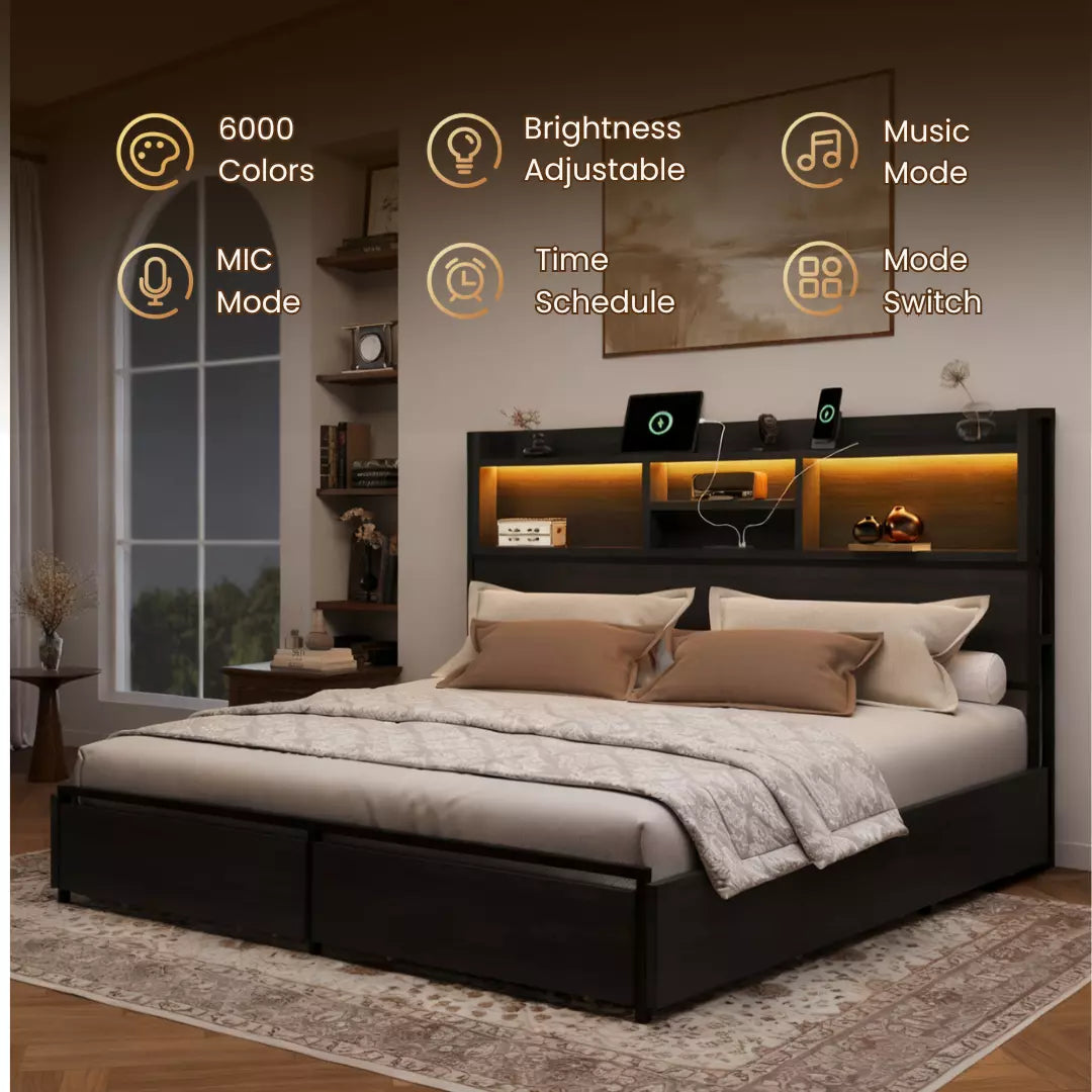 Strato Bookcase Platform Bed Frame | Storage Drawers & Charging Station | Queen & King - Image 8
