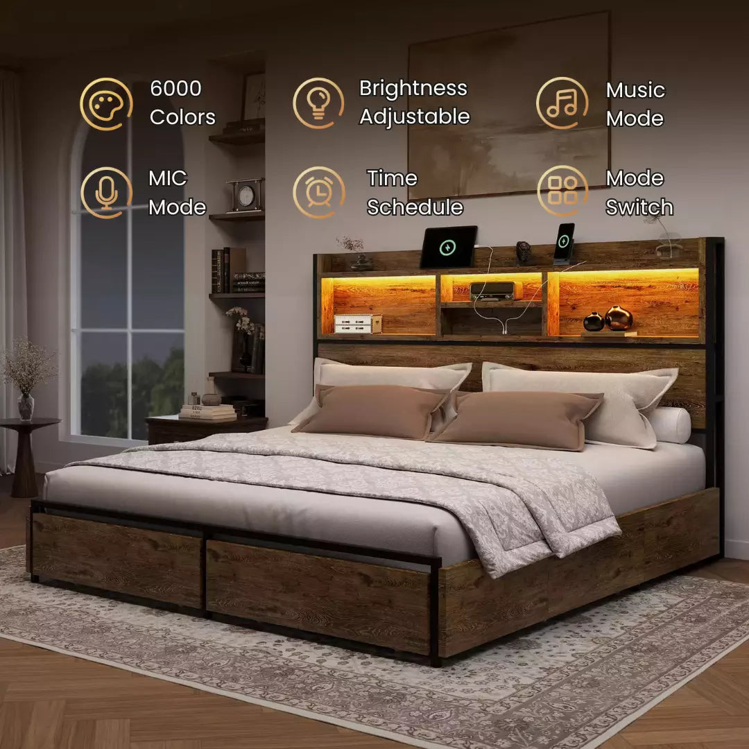 Strato Bookcase Platform Bed Frame | Storage Drawers & Charging Station | Queen & King - Image 14