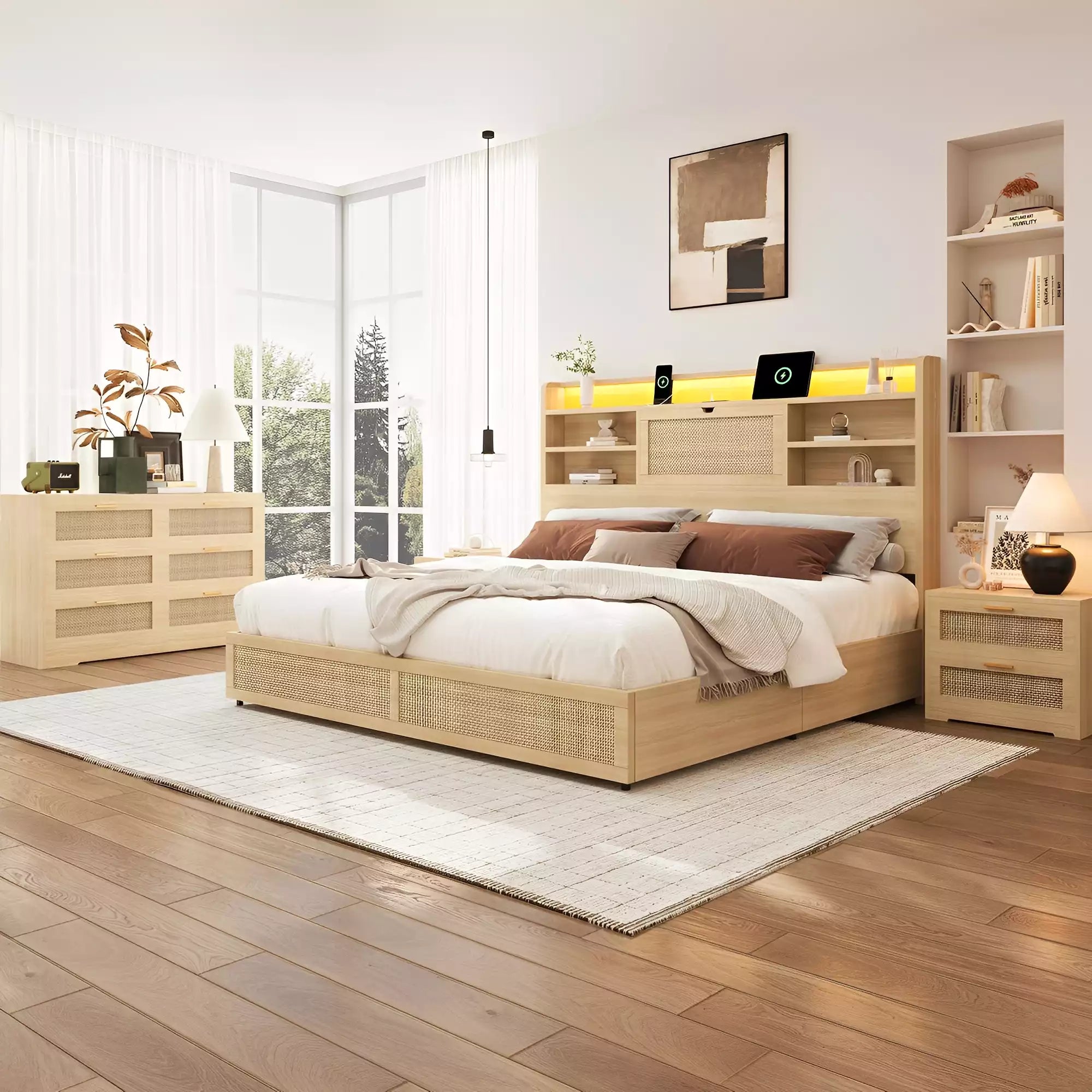 Rattan Storage Bookcase Bed Frame | Boho Chic, 4 Drawers, RGB LED & Charging Station | Queen & King - Image 11