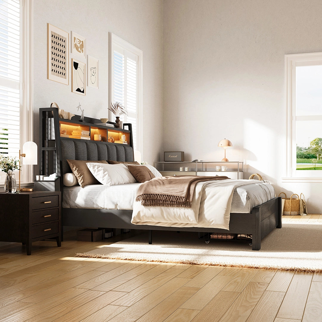 Aspen Bookcase Headboard Storage Bed Frame | LED Light, Charging Station & Wire Mesh Drawers | Queen & King - Image 23
