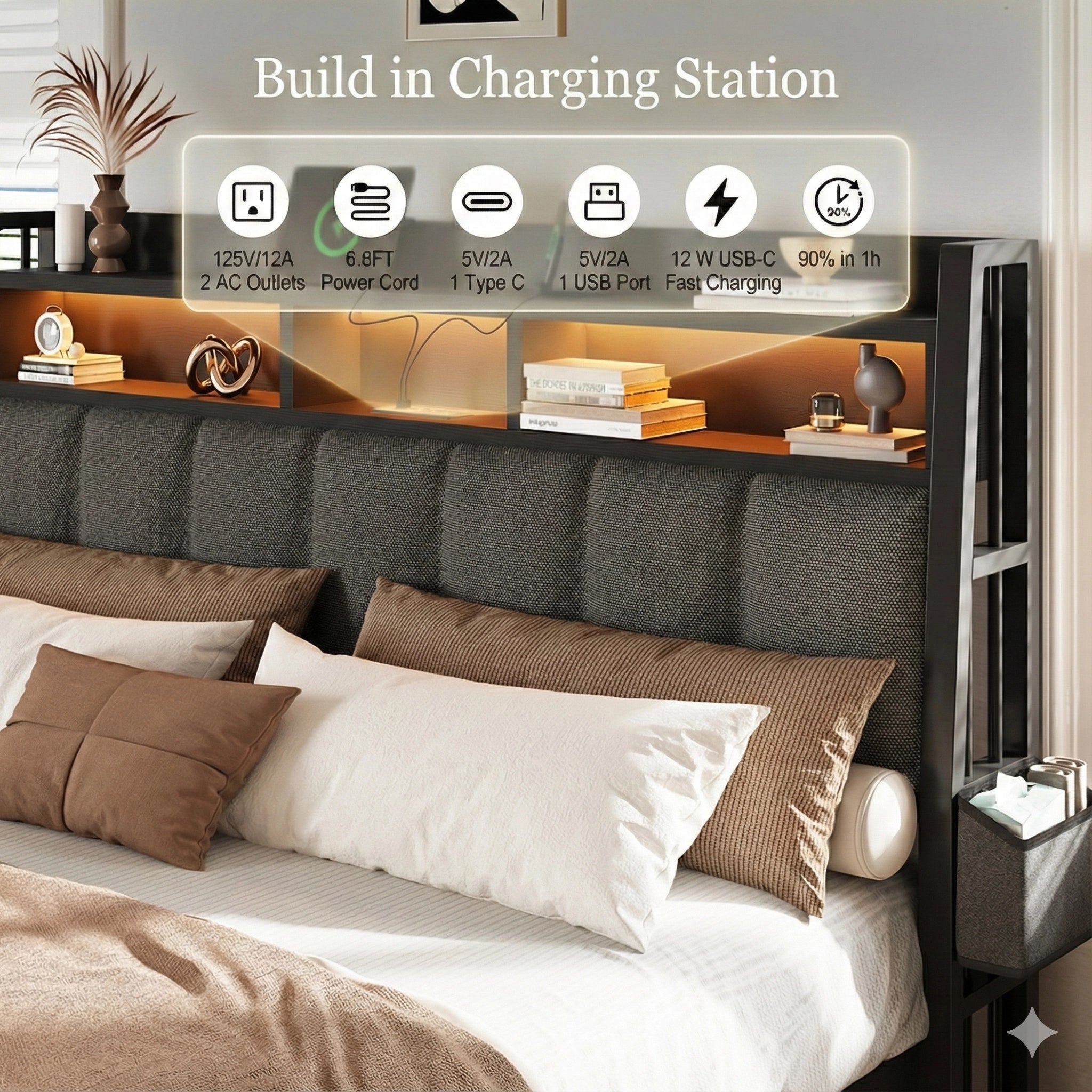 Aspen Bookcase Headboard Storage Bed Frame | LED Light, Charging Station & Wire Mesh Drawers | Queen & King - Image 26
