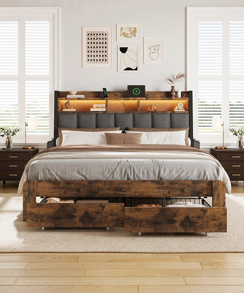 Aspen Bookcase Headboard Storage Bed Frame | LED Light, Charging Station & Wire Mesh Drawers | Queen & King - Image 25