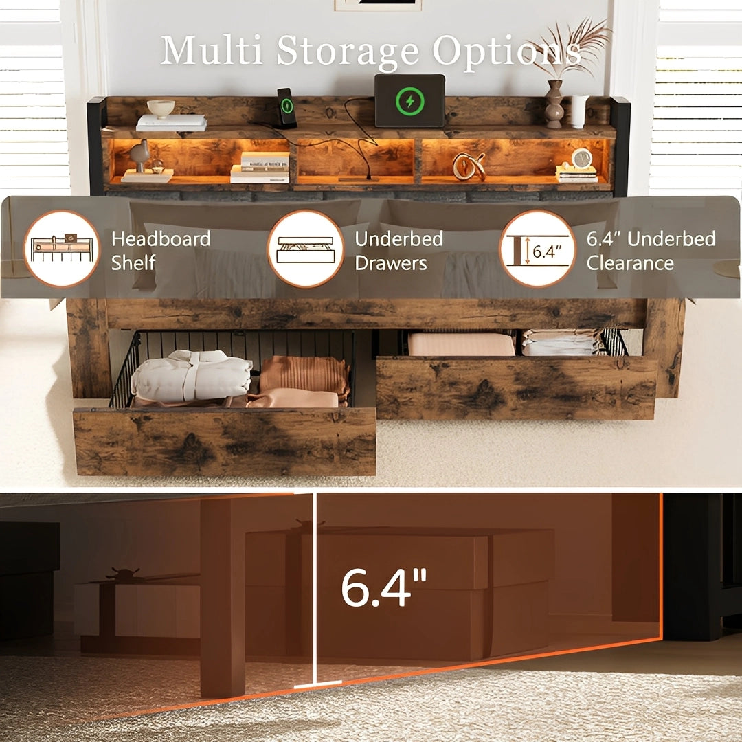 Aspen Bookcase Headboard Storage Bed Frame | LED Light, Charging Station & Wire Mesh Drawers | Queen & King - Image 28