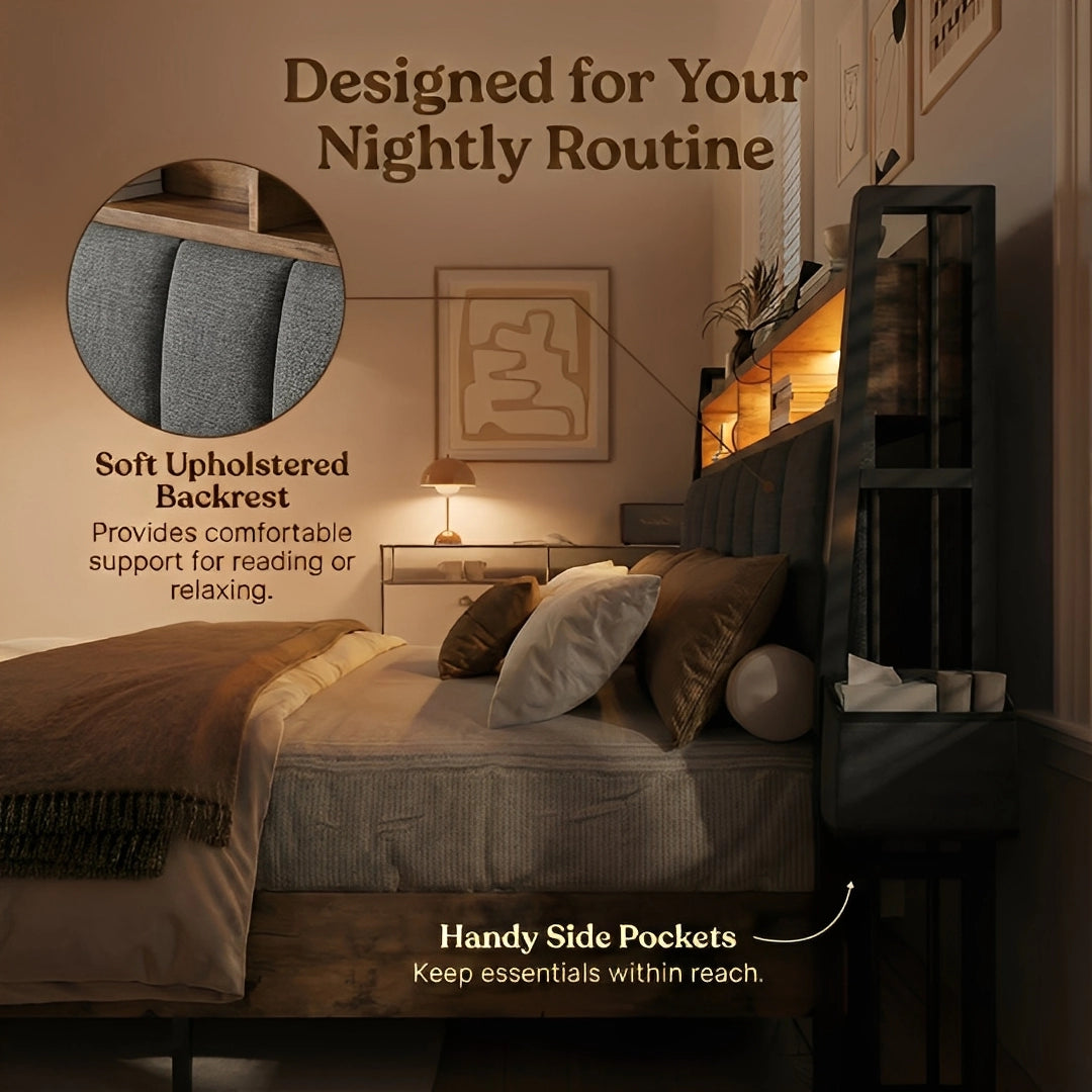 Aspen Bookcase Headboard Storage Bed Frame | LED Light, Charging Station & Wire Mesh Drawers | Queen & King - Image 27