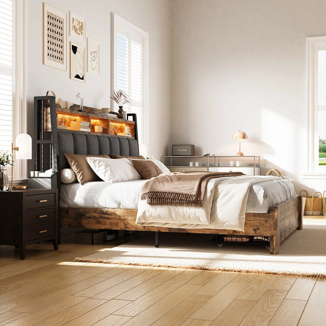 Aspen Bookcase Headboard Storage Bed Frame | LED Light, Charging Station & Wire Mesh Drawers | Queen & King - Image 31