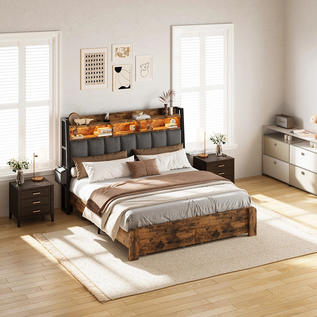 Aspen Bookcase Headboard Storage Bed Frame | LED Light, Charging Station & Wire Mesh Drawers | Queen & King - Image 32