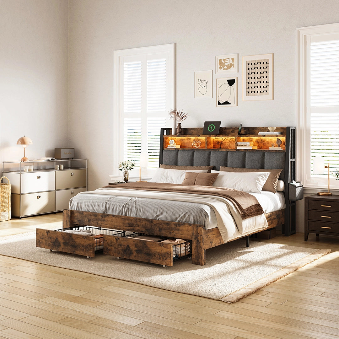 Aspen Bookcase Headboard Storage Bed Frame | LED Light, Charging Station & Wire Mesh Drawers | Queen & King - Image 33