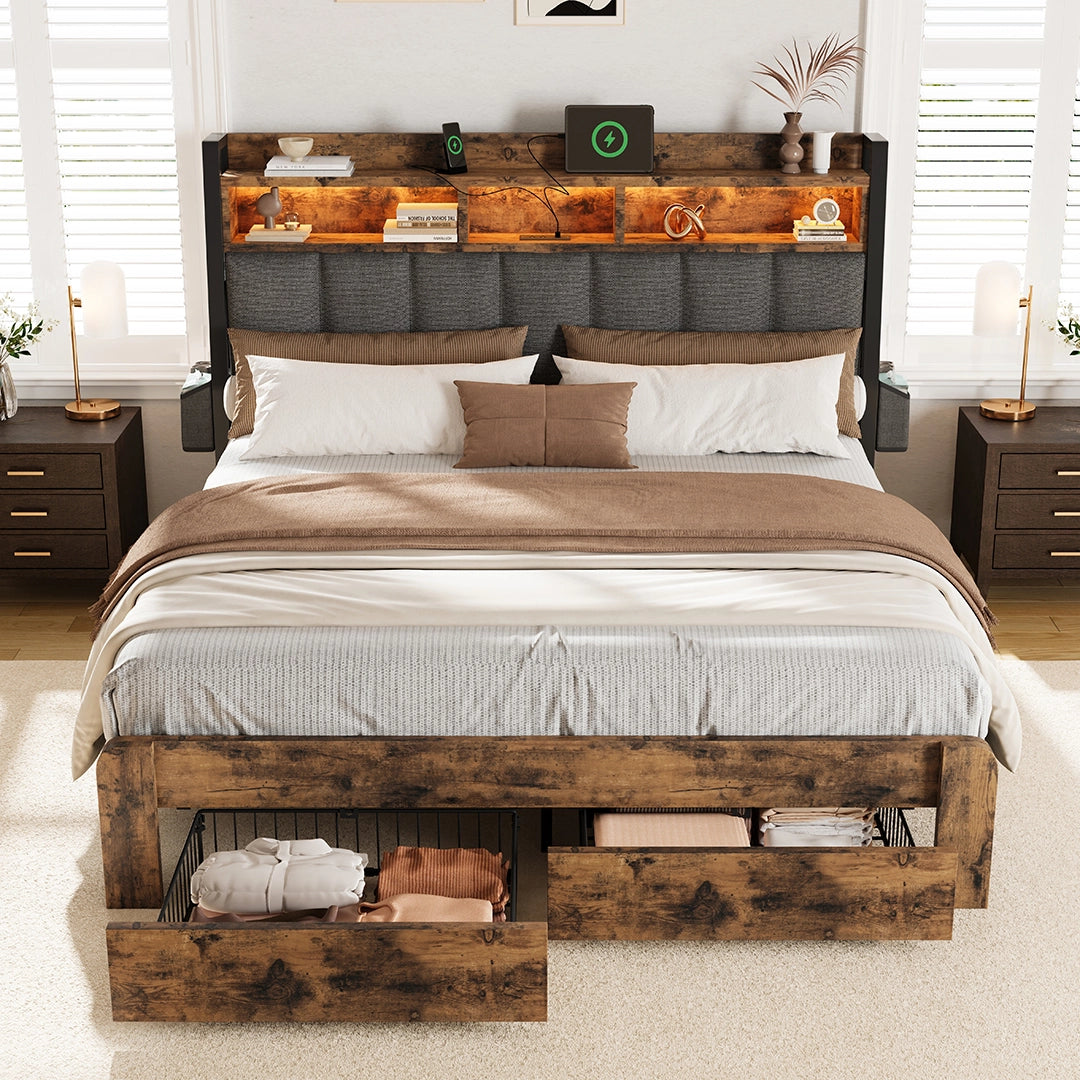 Aspen Bookcase Headboard Storage Bed Frame | LED Light, Charging Station & Wire Mesh Drawers | Queen & King - Image 34